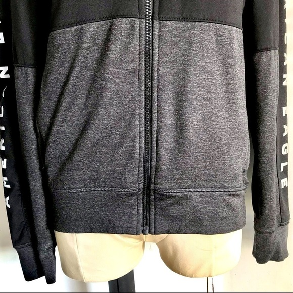 𝅺AMERICAN Eagle USA Black Grey Color Block Hooded Jacket Zip Up Pockets Y2K XS - Picture 6 of 11